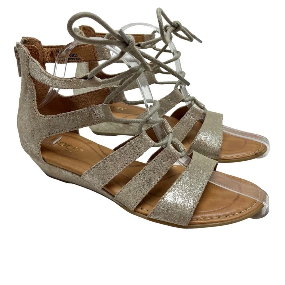 BORN Gold Genuine Leather Lace Up Ankle Gladiator Strappy Sandals Shoes sz 6 M
